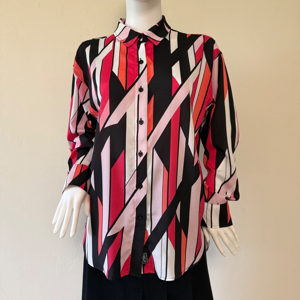Karl Lagerfeld Paris Womens Geometric Abstract‎ Print Button Down Blouse Pink S